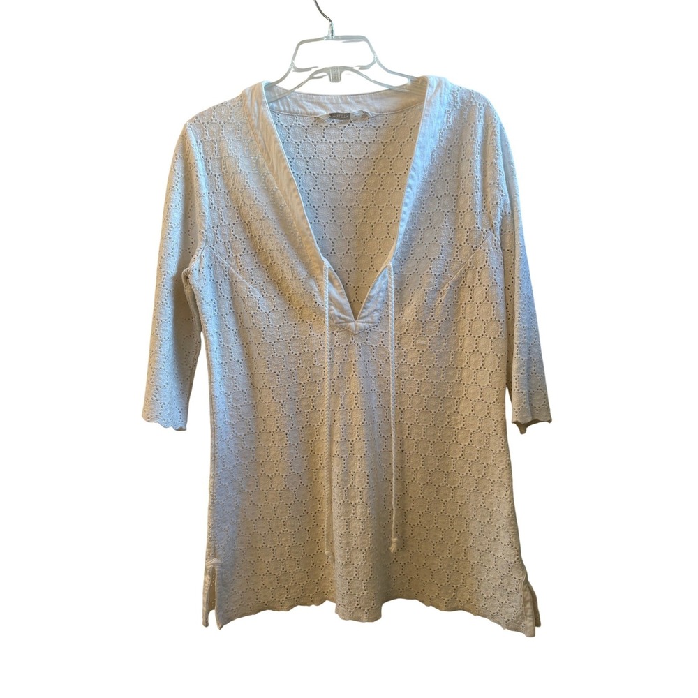 Athleta Womens‎ White Eyelet Lace Tunic V-Neck Top Coastal Boho Beach Size M